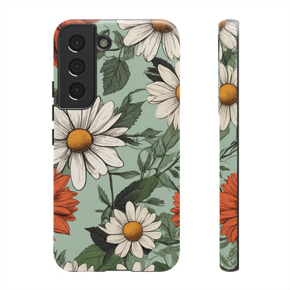 Samsung Galaxy S22 / Glossy Phone Case - Boho Chic Daisies Floral Pattern ’White & Orange’ Phone Case