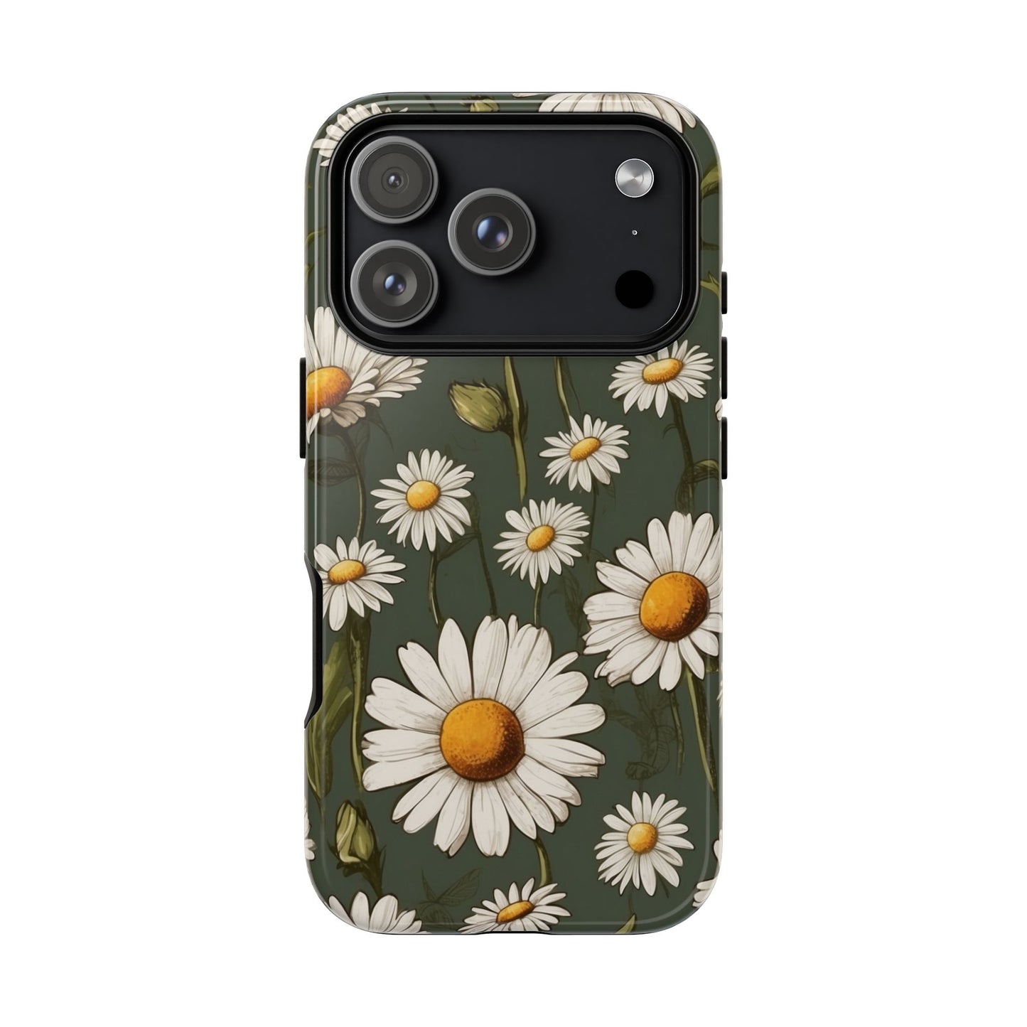 iPhone 17 Pro / Glossy Phone Case - Boho Chic Daisies Floral Pattern ’White & Green’ Phone Case