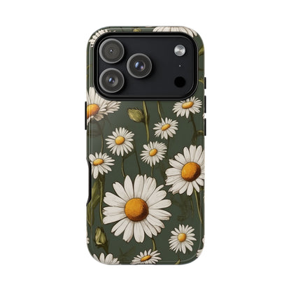 iPhone 17 Pro / Glossy Phone Case - Boho Chic Daisies Floral Pattern ’White & Green’ Phone Case