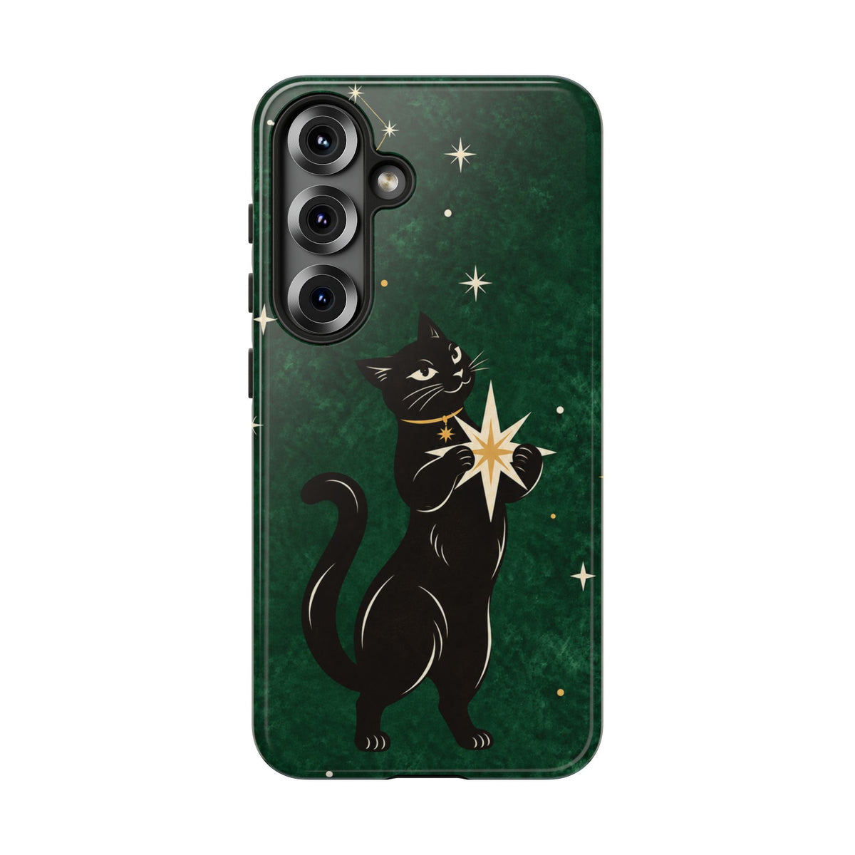 Forest Green Celestial Black Cat Phone Case - Green Phone Case - Samsung Galaxy S25 / Glossy