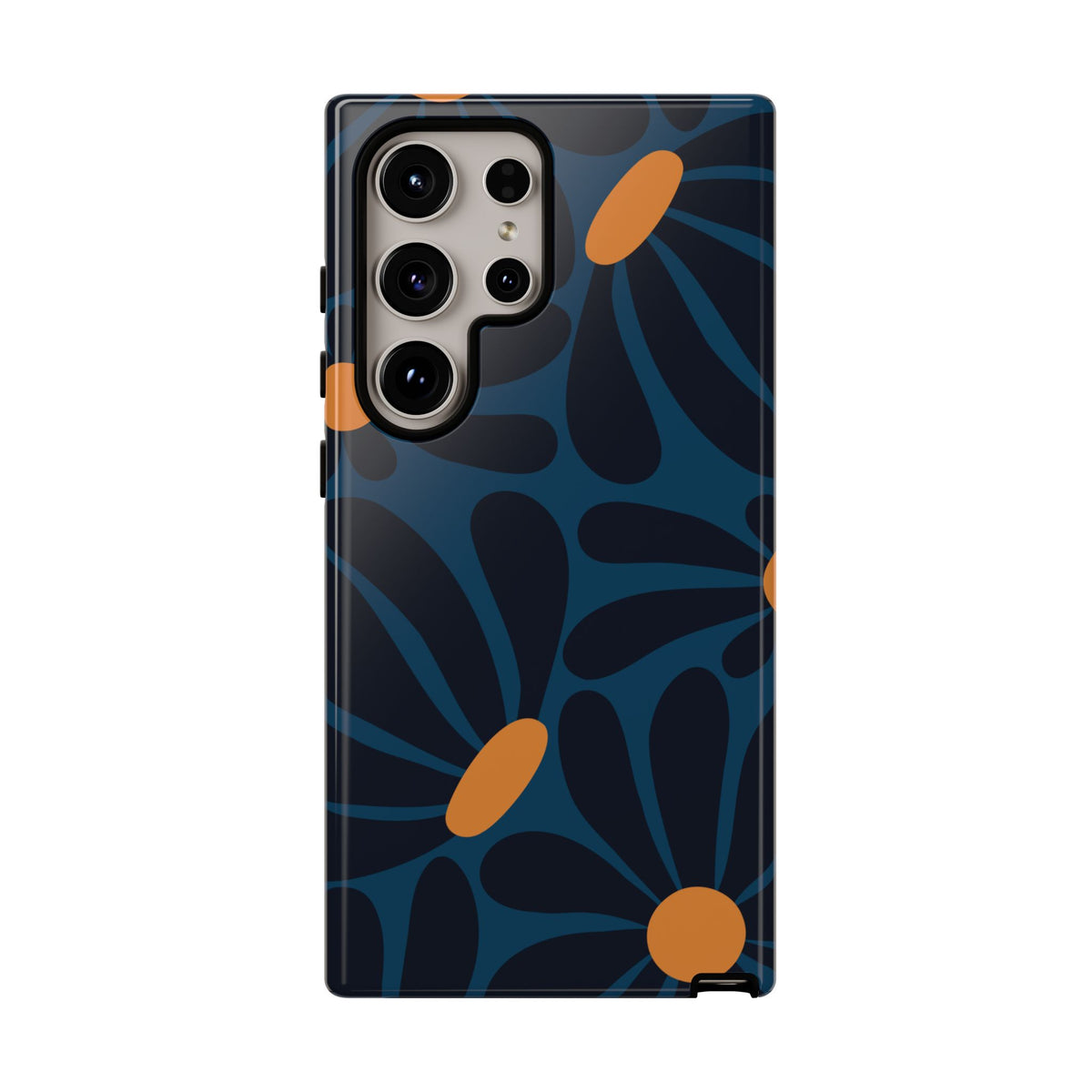 Dark Blue & Orange Daisy Pattern Phone Case - Blue Phone Case - Samsung Galaxy S24 Ultra / Glossy