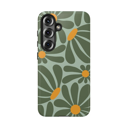 Retro Green Daisy Pattern Phone Case - Green Phone Case - Samsung Galaxy S25 / Glossy