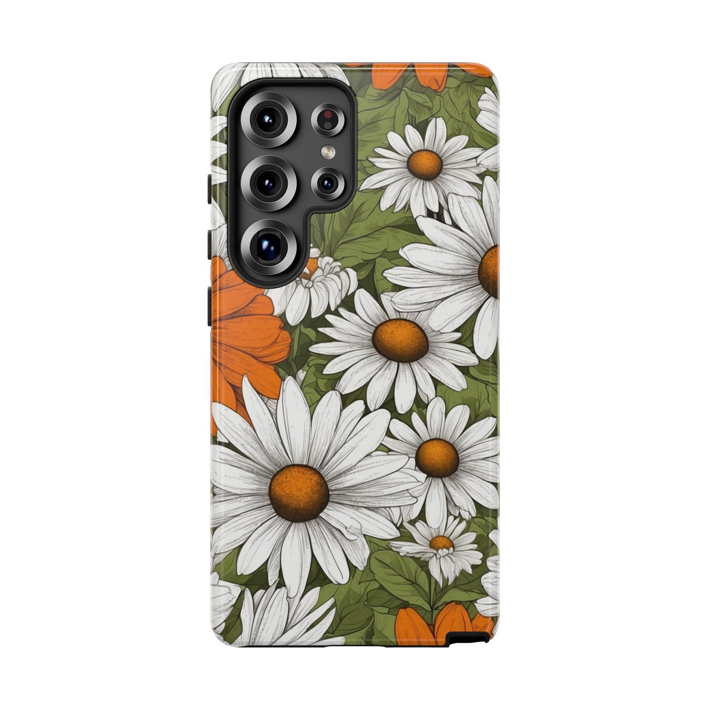 Samsung Galaxy S25 Ultra / Glossy Phone Case - Boho Chic Daisies Floral Pattern ’White Orange & Green’ Phone Case