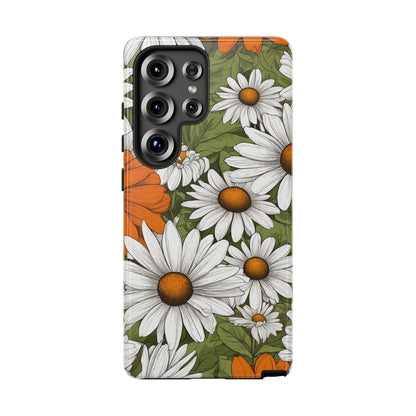Samsung Galaxy S25 Ultra / Glossy Phone Case - Boho Chic Daisies Floral Pattern ’White Orange & Green’ Phone Case