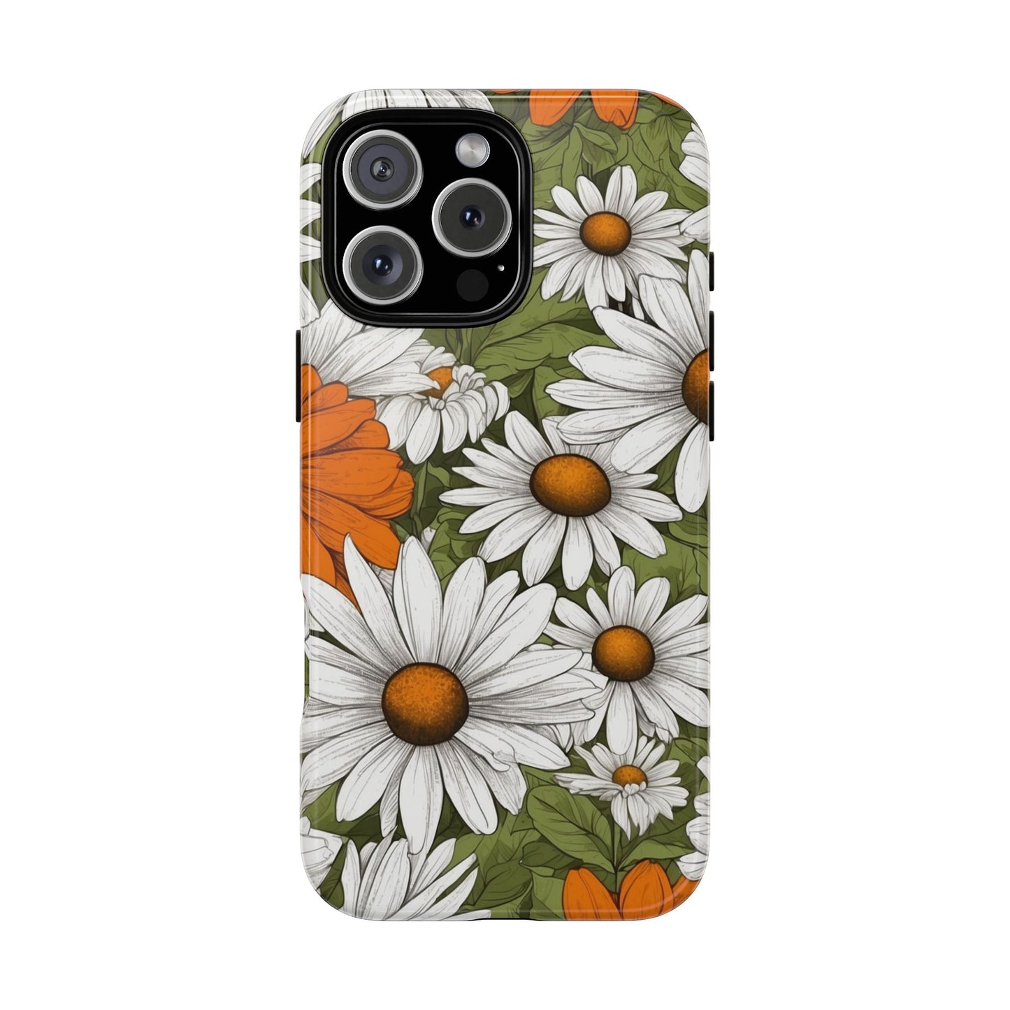 iPhone 16 Pro Max / Glossy Phone Case - Boho Chic Daisies Floral Pattern ’White Orange & Green’ Phone Case