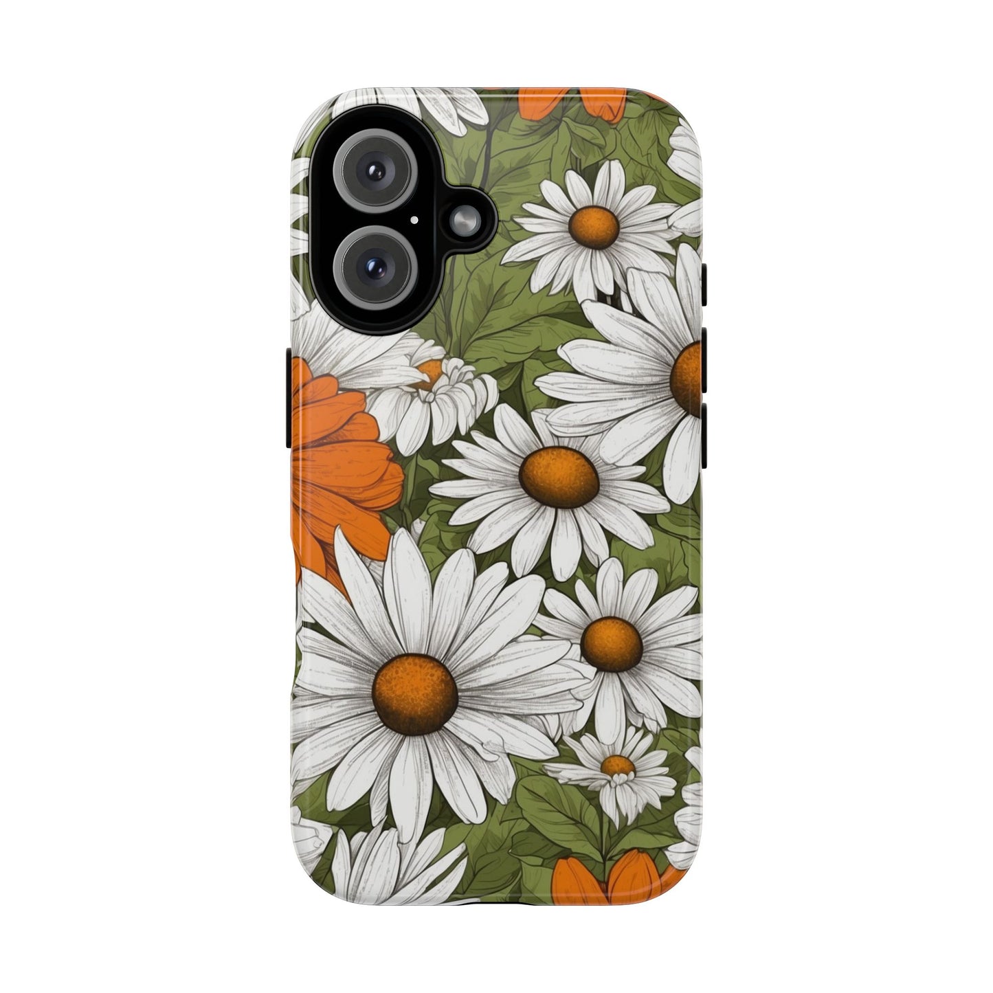 iPhone 16 / Glossy Phone Case - Boho Chic Daisies Floral Pattern ’White Orange & Green’ Phone Case