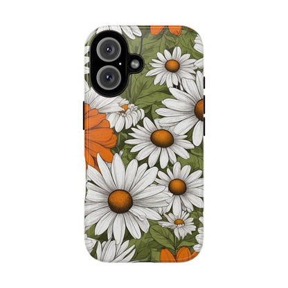 iPhone 16 / Glossy Phone Case - Boho Chic Daisies Floral Pattern ’White Orange & Green’ Phone Case