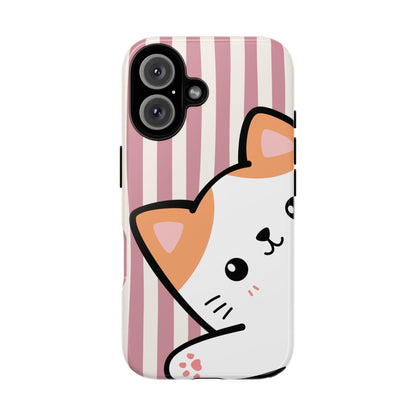 Playful Peakaboo Cat with Pink Stripe Pattern Phone Case - Pink Phone Case - iPhone 16 / Glossy