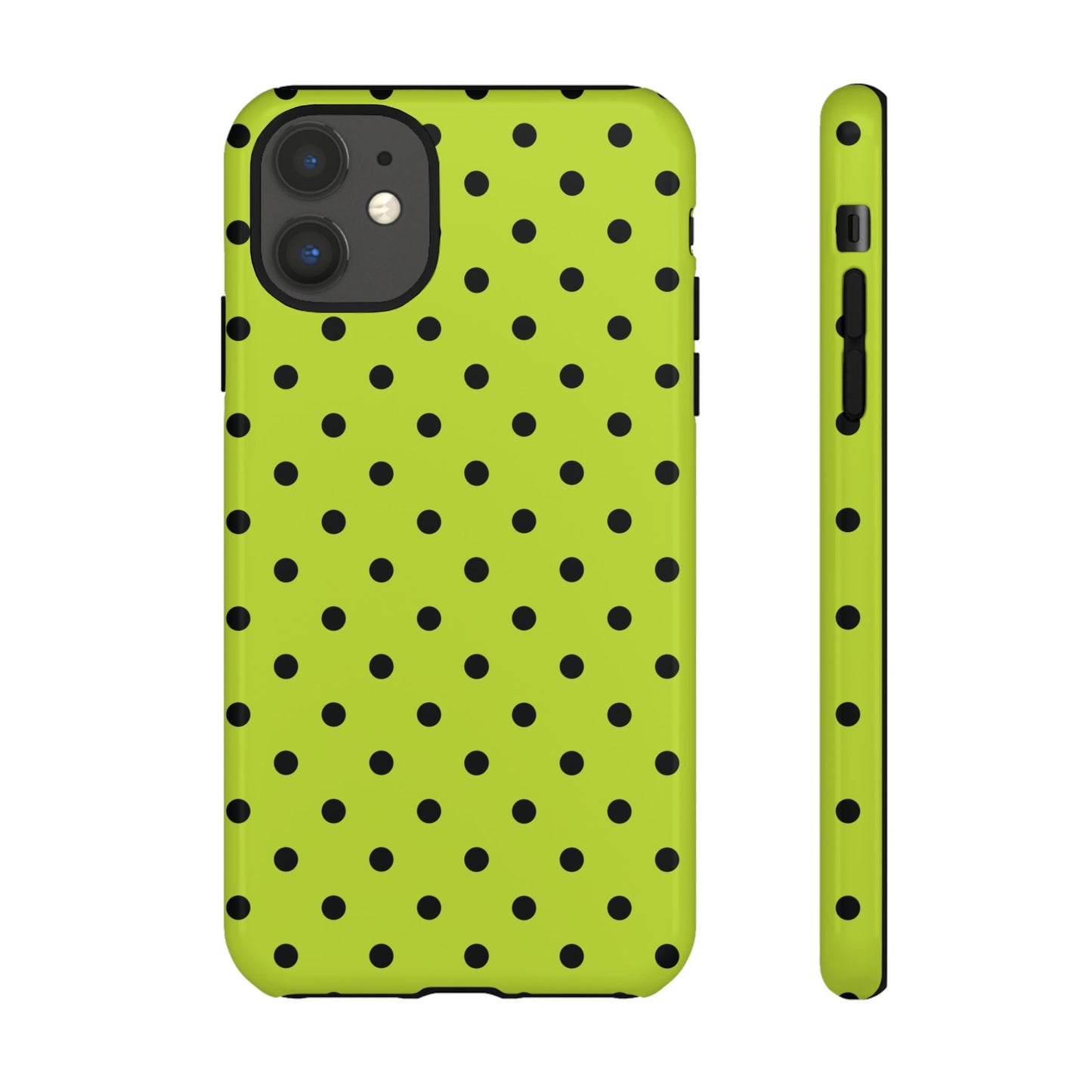 iPhone 11 / Glossy Phone Case - Trendy Neon Lime Green & Black Dot Pattern Phone Case