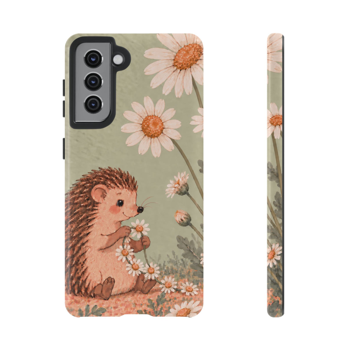 Whimsical Sage Green Hedgehog and Daisy Chain Phone Case - Green Phone Case - Samsung Galaxy S21 / Glossy