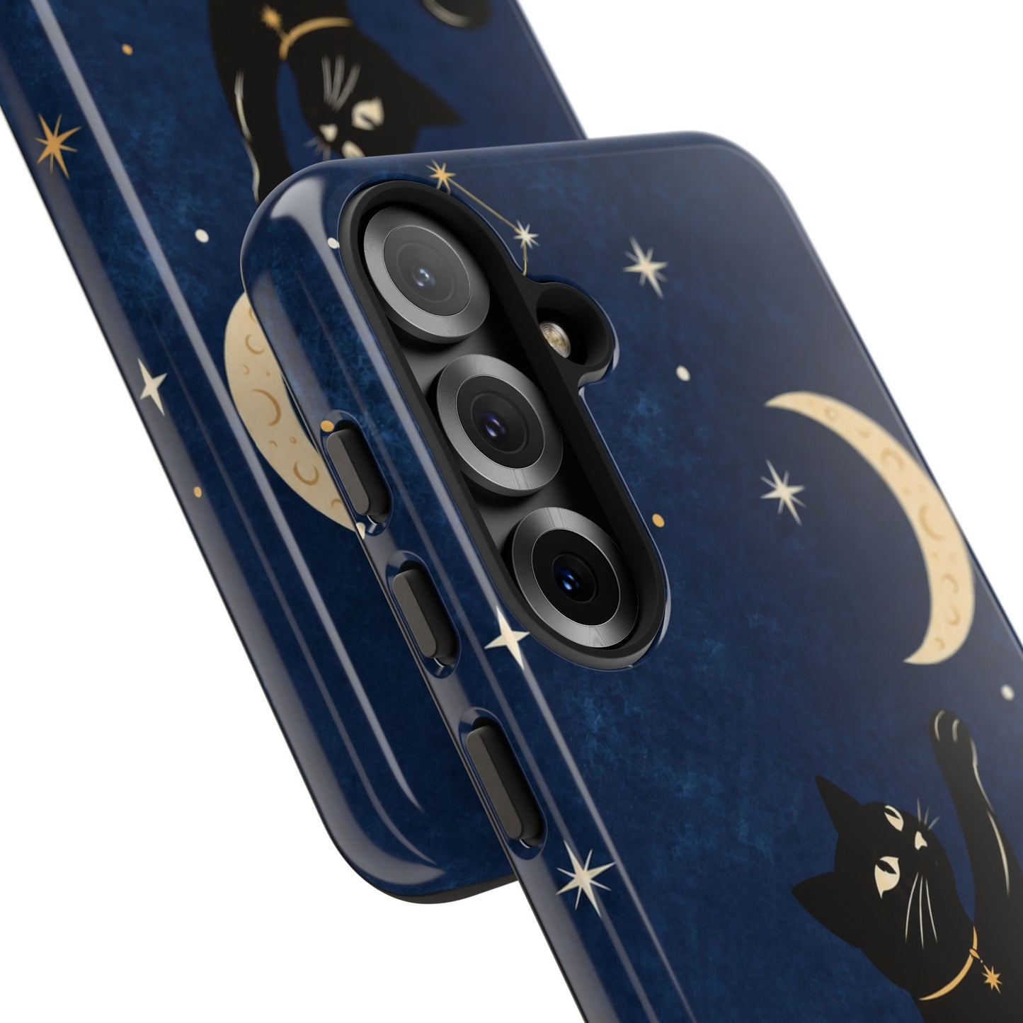 Whimsical Navy Blue Celestial Black Cat Phone Case