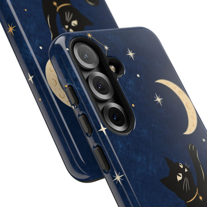 Whimsical Navy Blue Celestial Black Cat Phone Case