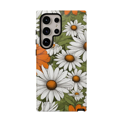 Samsung Galaxy S24 Ultra / Glossy Phone Case - Boho Chic Daisies Floral Pattern ’White Orange & Green’ Phone Case