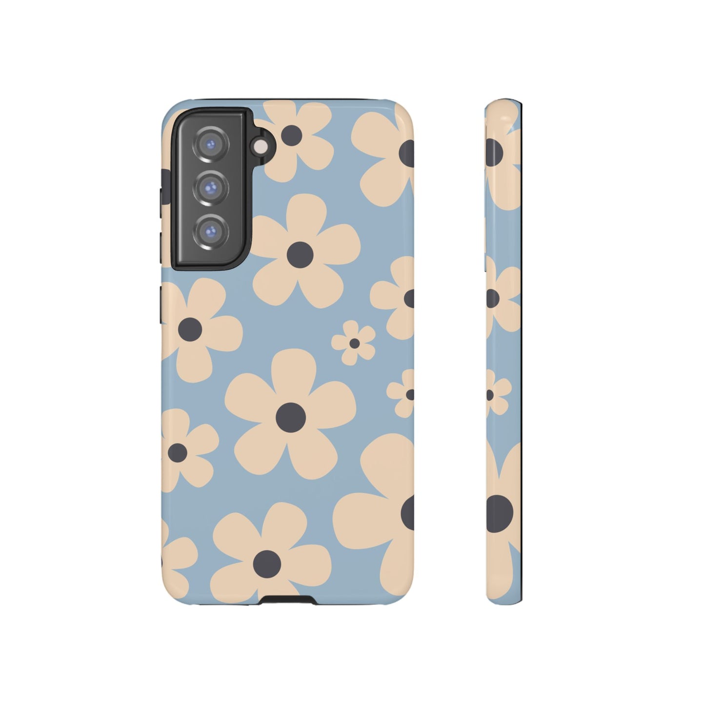 Samsung Galaxy S21 FE / Glossy Phone Case - Cute Light Blue & Cream Daisy Pattern Phone Case