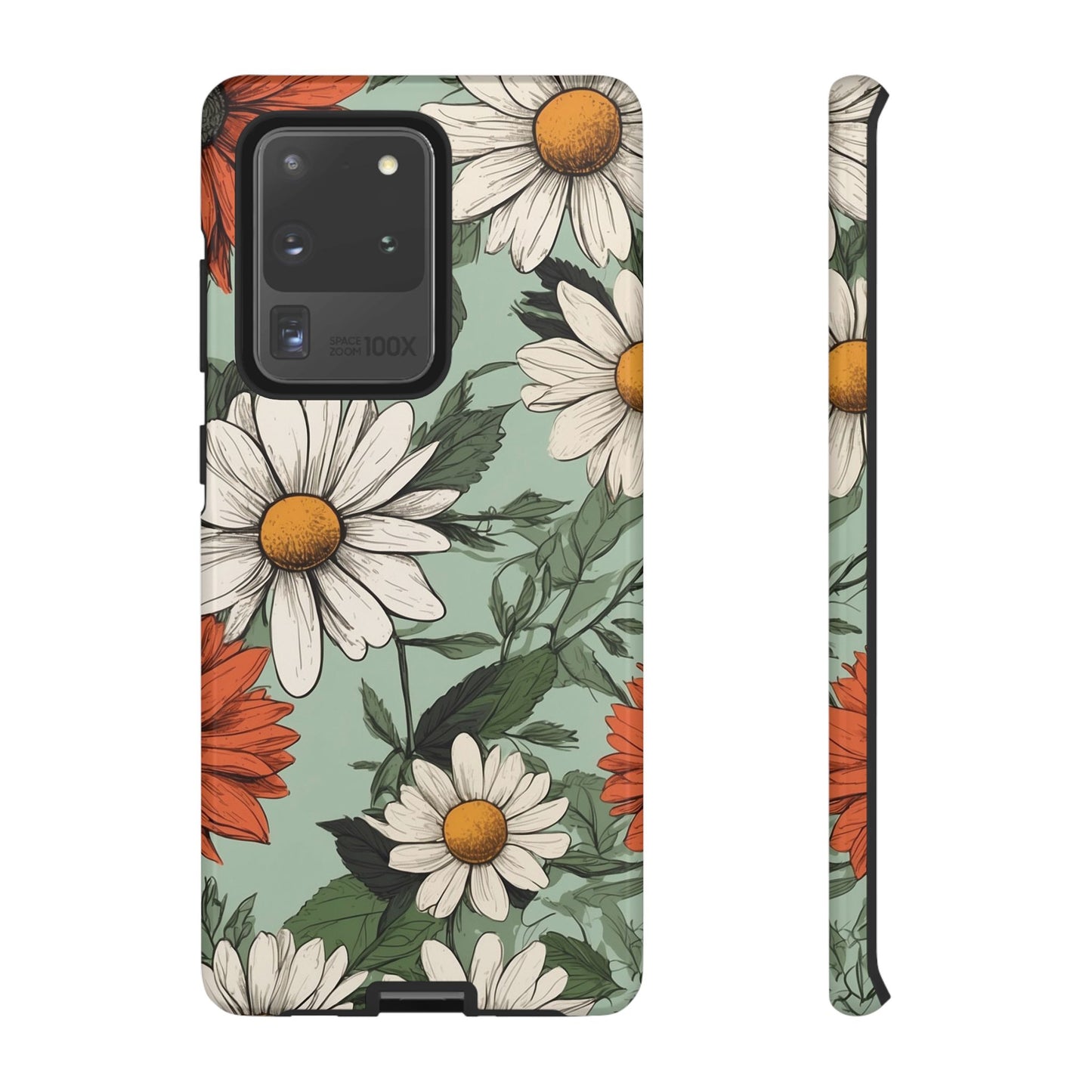 Samsung Galaxy S20 Ultra / Glossy Phone Case - Boho Chic Daisies Floral Pattern ’White & Orange’ Phone Case