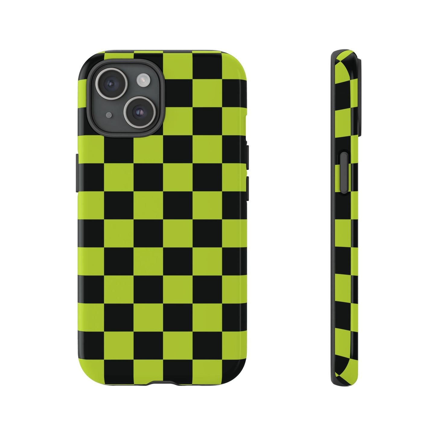 iPhone 15 / Glossy Phone Case - Trendy Neon Lime Green & Black Checked Pattern Phone Case
