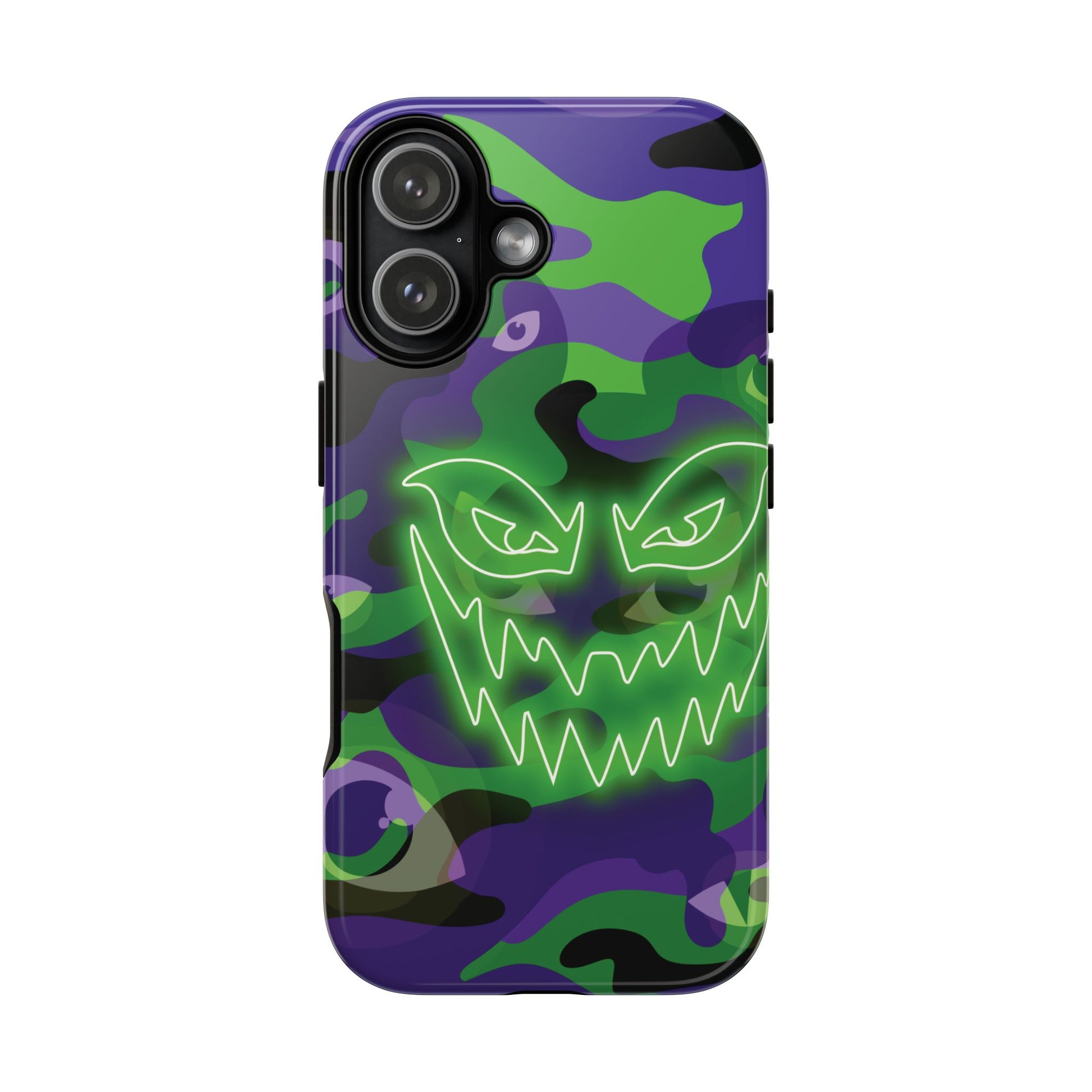 iPhone 17 / Glossy Phone Case - Green & Purple Neon Face Camo Phone Case