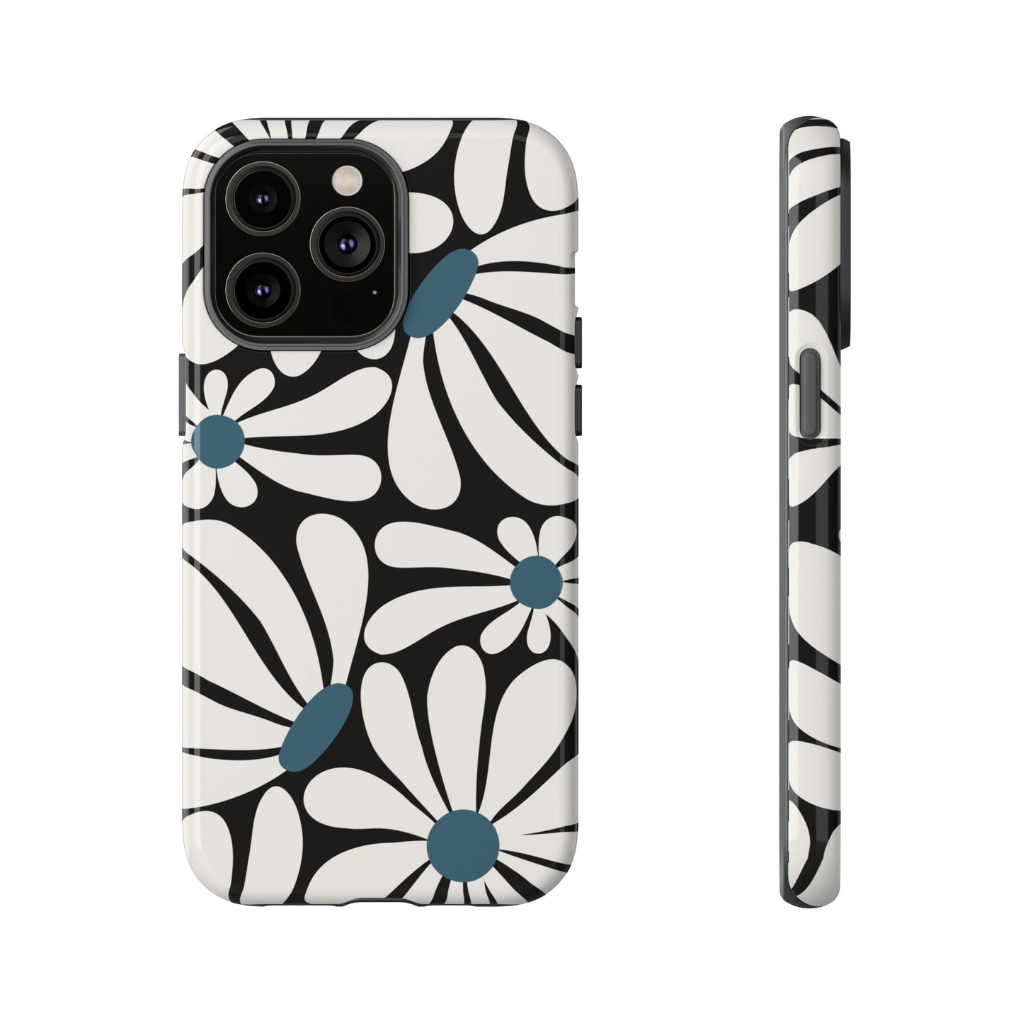 iPhone 14 Pro Max / Glossy Phone Case - Retro Black Daisy Pattern Phone Case