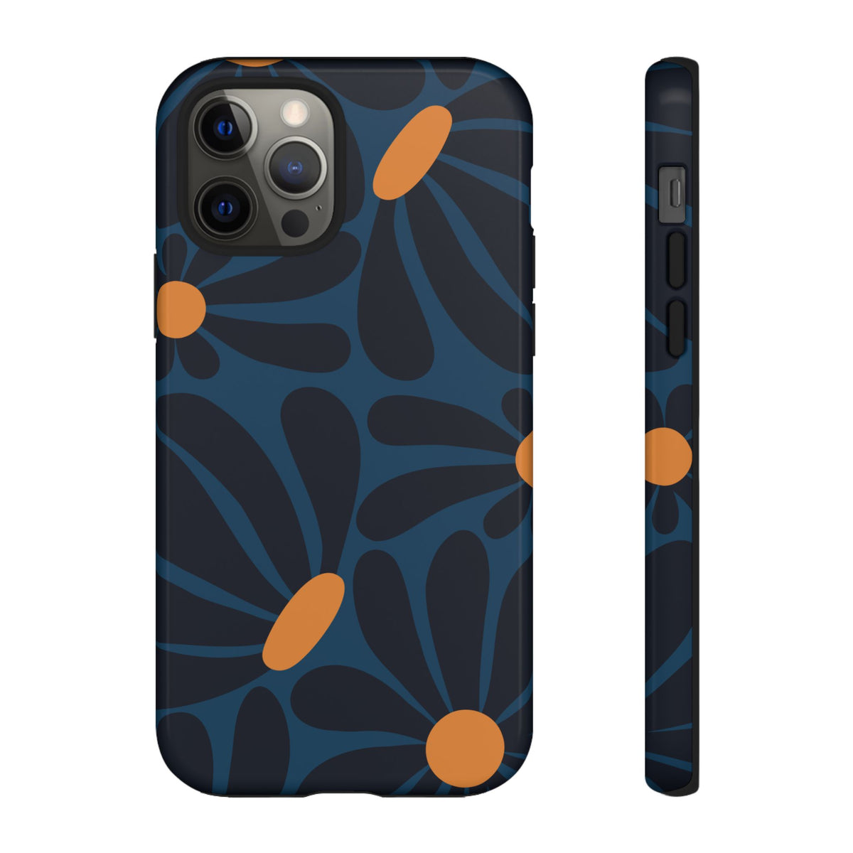 Dark Blue & Orange Daisy Pattern Phone Case - Blue Phone Case - iPhone 12 Pro / Glossy
