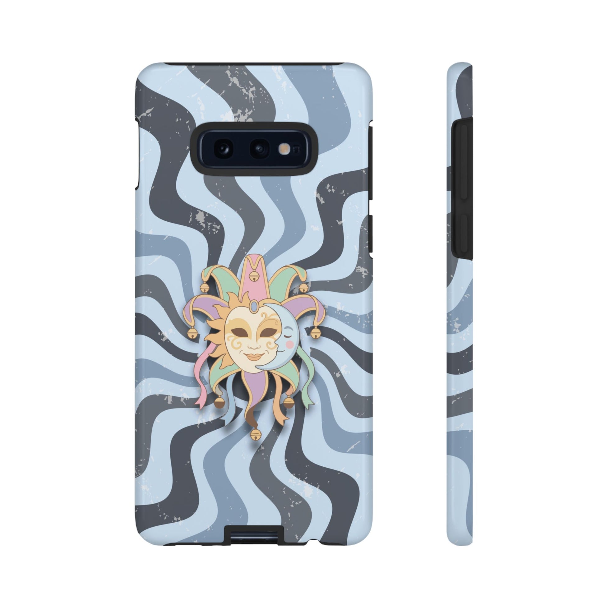 Samsung Galaxy S10E / Glossy Phone Case - Sun & Moon Jester Mask – Blue Retro Wave Phone Case