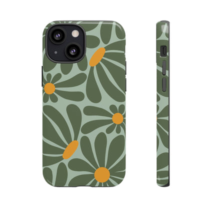 iPhone 13 Mini / Glossy Phone Case - Retro Green Daisy Pattern Phone Case