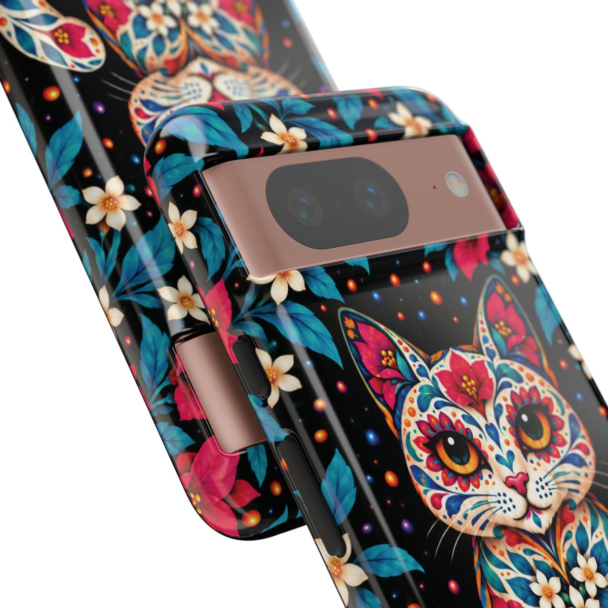 Vibrant Pink and Turquoise Calavera Cat Phone Case - Multicolor Phone Case