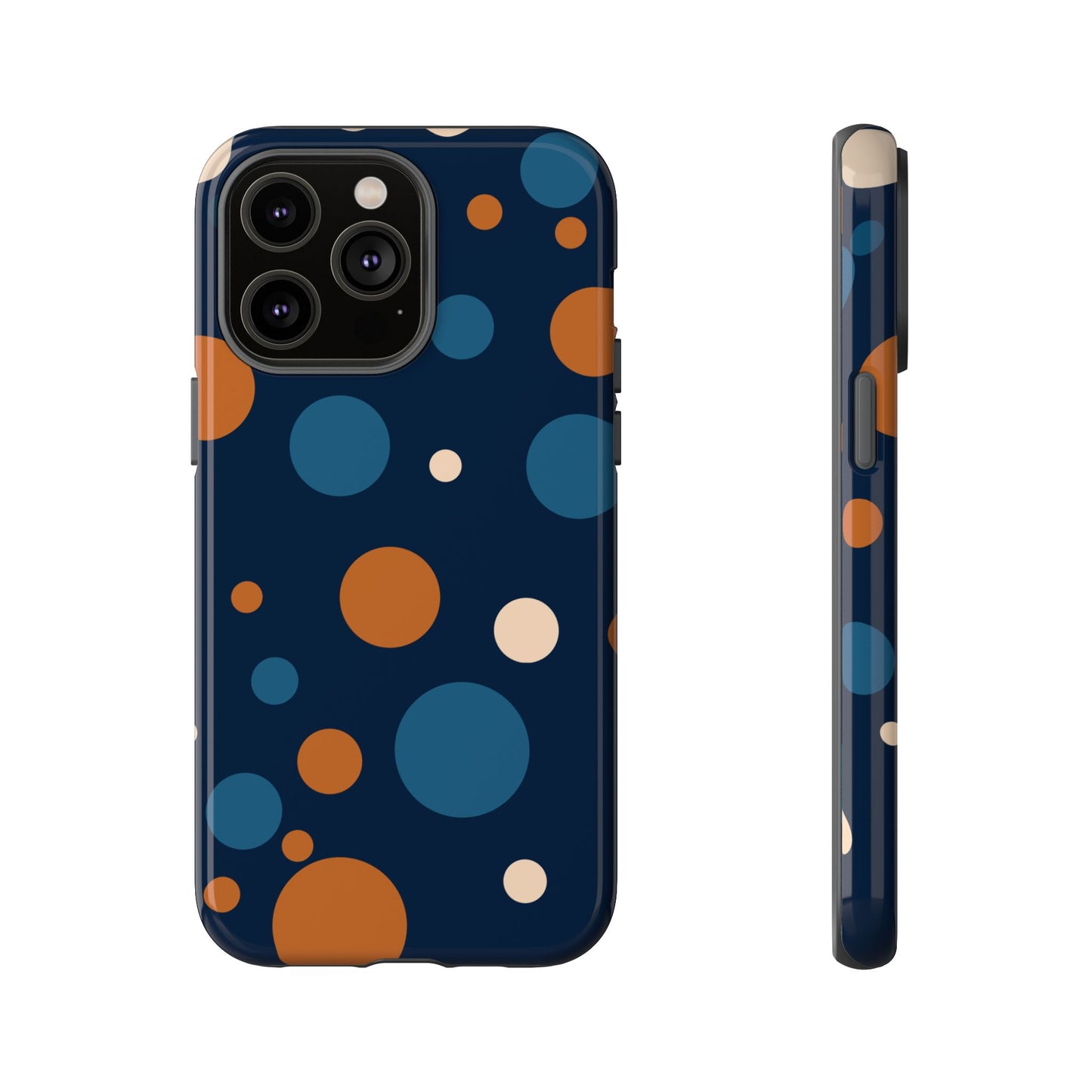 iPhone 14 Pro Max / Glossy Phone Case - ’Bold Navy Blue & Orange / White Dot Pattern’ Phone Case