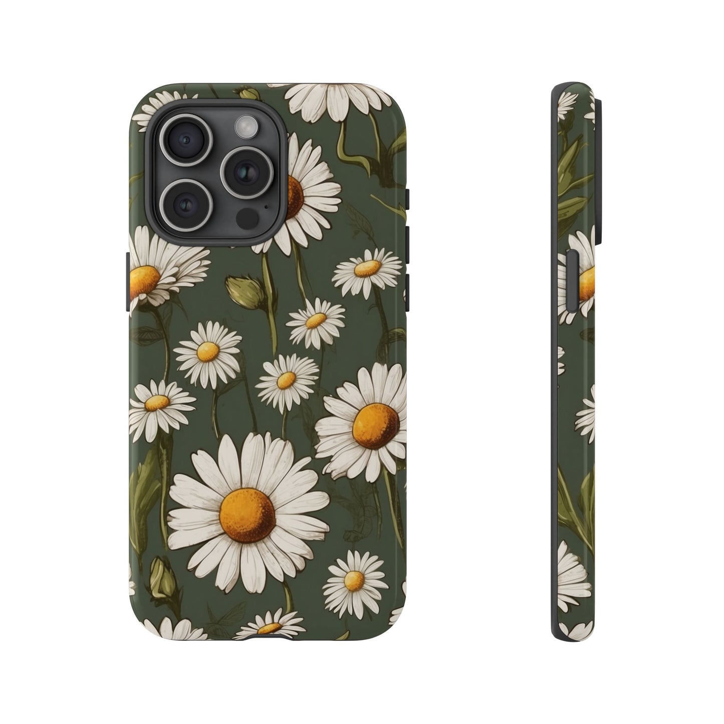iPhone 15 Pro Max / Glossy Phone Case - Boho Chic Daisies Floral Pattern ’White & Green’ Phone Case