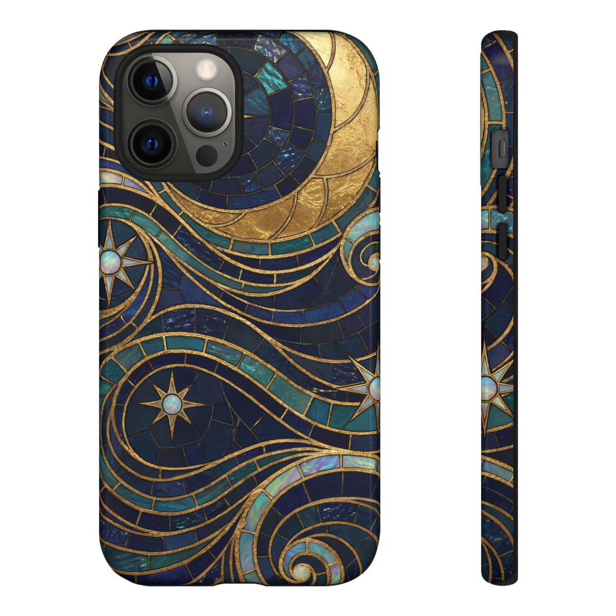 Elegant Navy & Gold Crescent Moon Mosaic Phone Case