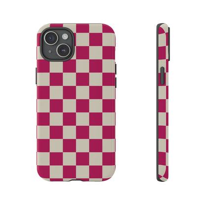 iPhone 15 Plus / Glossy Phone Case - ’Pink & White Checkered Pattern’ Phone Case