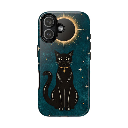Whimsical Teal Celestial Black Cat Phone Case