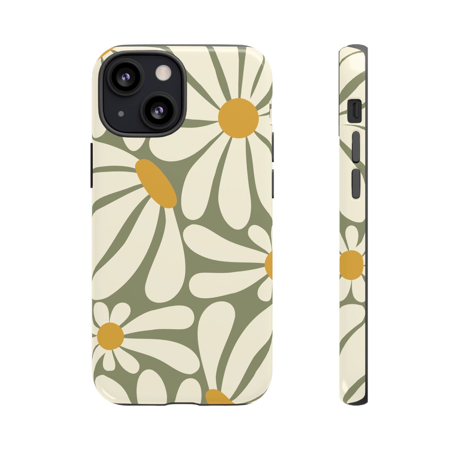 iPhone 13 Mini / Glossy Phone Case - ’Retro Green Daisy Pattern #1’ Phone Case