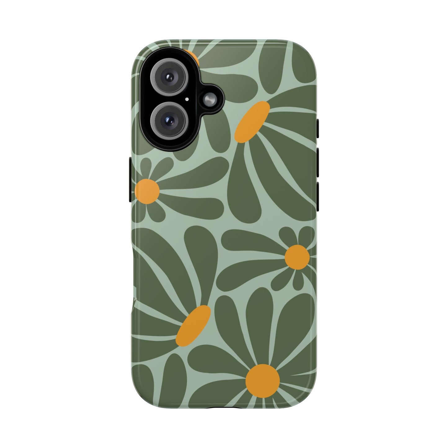 iPhone 16 / Glossy Phone Case - Retro Green Daisy Pattern Phone Case