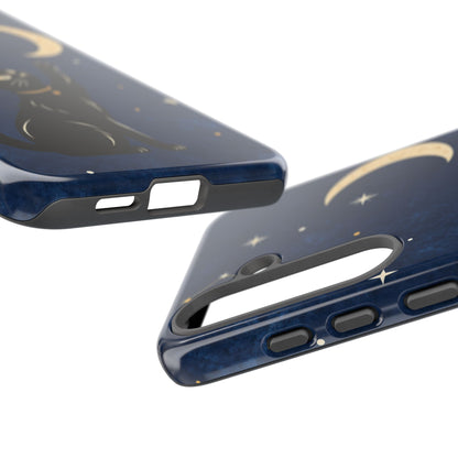Whimsical Navy Blue Celestial Black Cat Phone Case