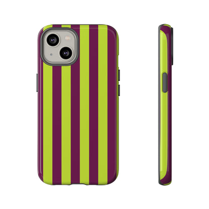 Trendy Neon Lime Green & Plum Stripe Pattern Phone Case - Green Phone Case - iPhone 14 / Glossy