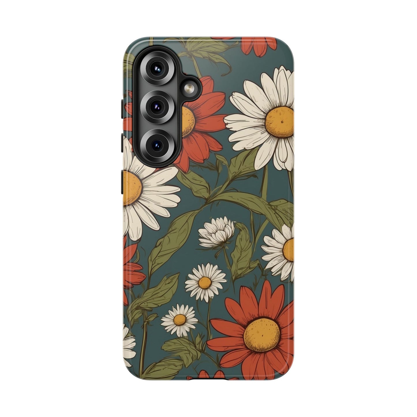 Samsung Galaxy S25 / Glossy Phone Case - Boho Chic Daisies Floral Pattern ’White & Red’ Phone Case