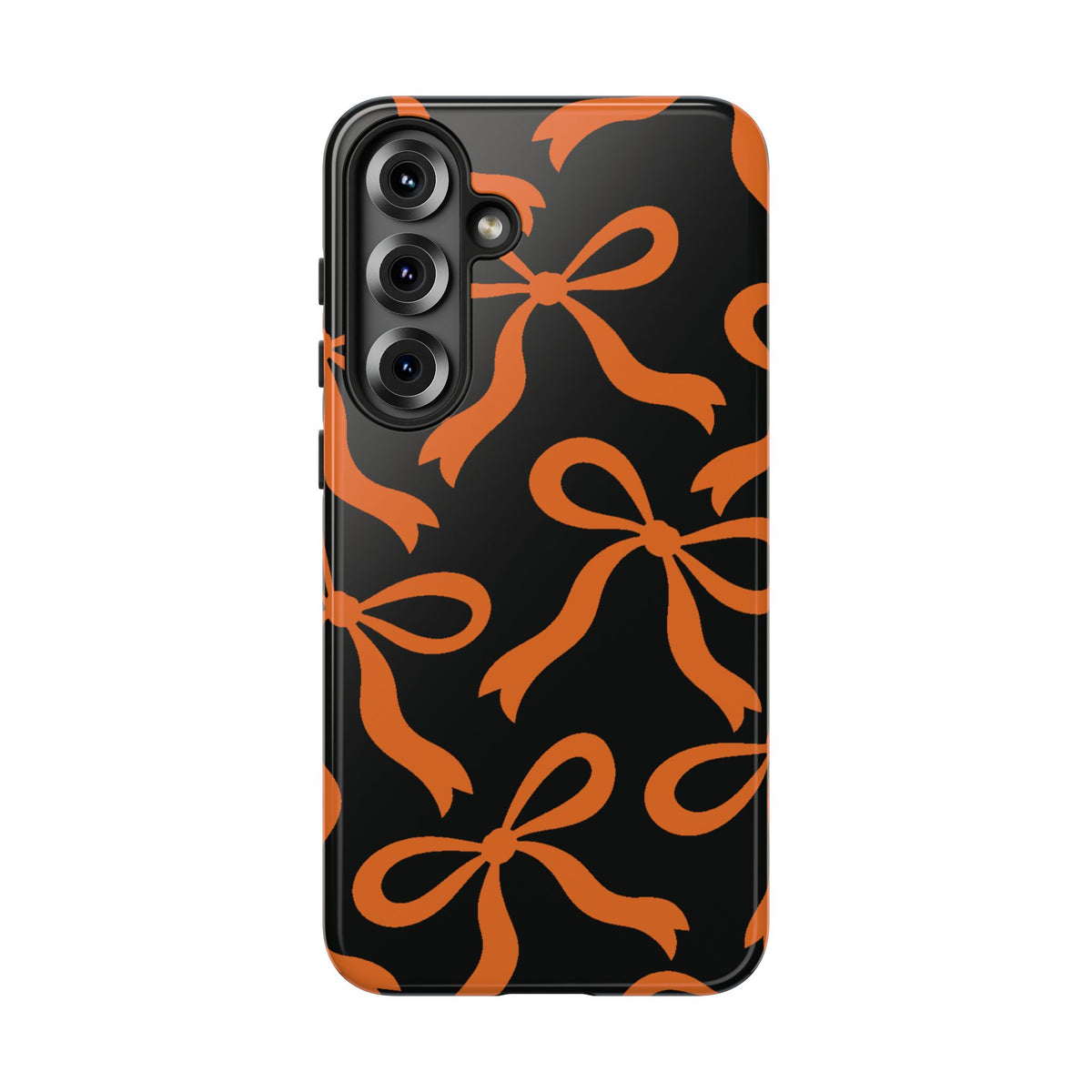 Bold Black and Burnt Orange Bow Pattern Phone Case - Black Phone Case - Samsung Galaxy S25 Plus / Glossy