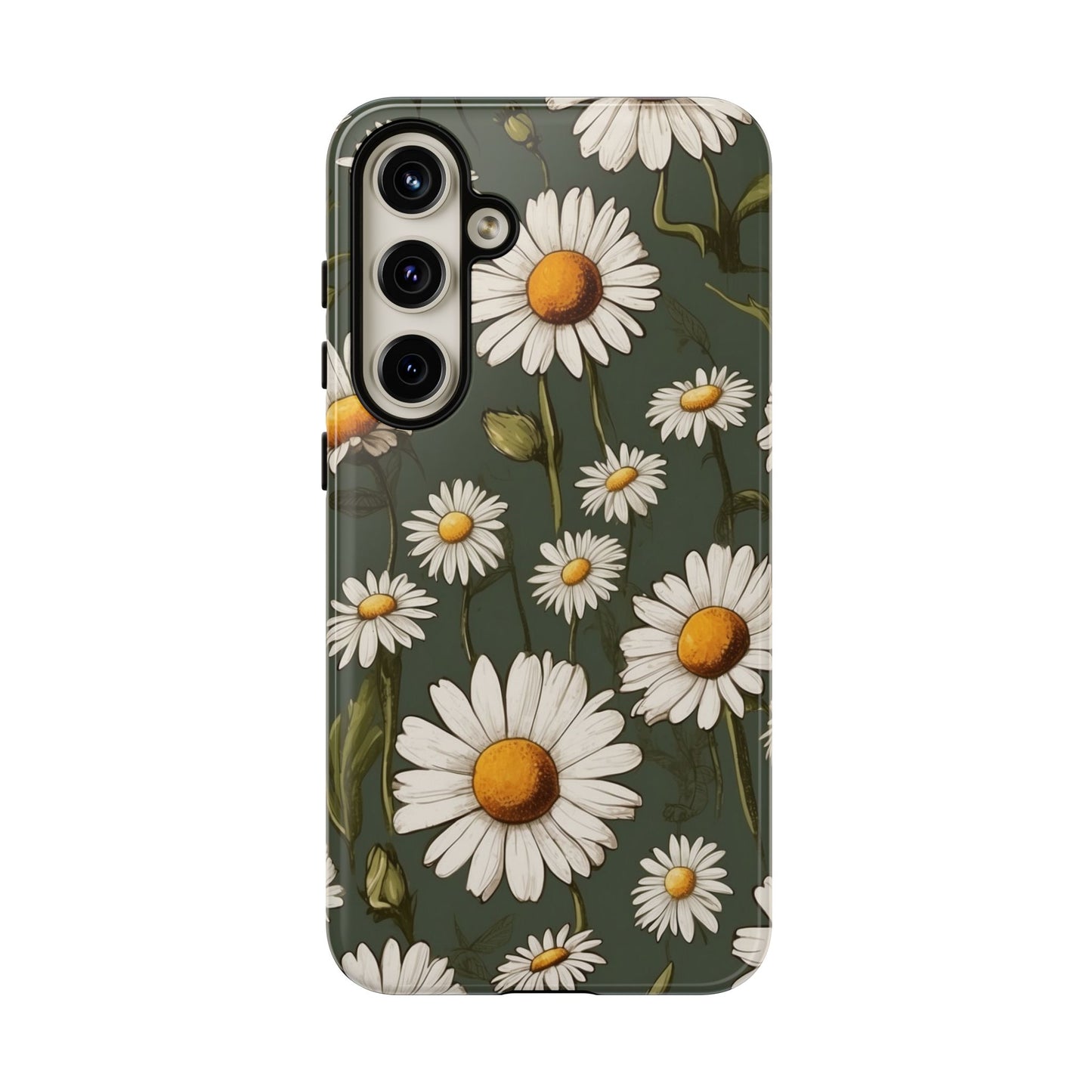 Samsung Galaxy S24 Plus / Glossy Phone Case - Boho Chic Daisies Floral Pattern ’White & Green’ Phone Case