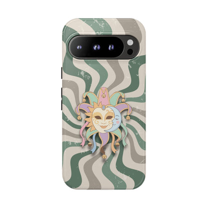 Google Pixel 9 Pro / Glossy Phone Case - Sun & Moon Jester Mask – Green Retro Wave Phone Case