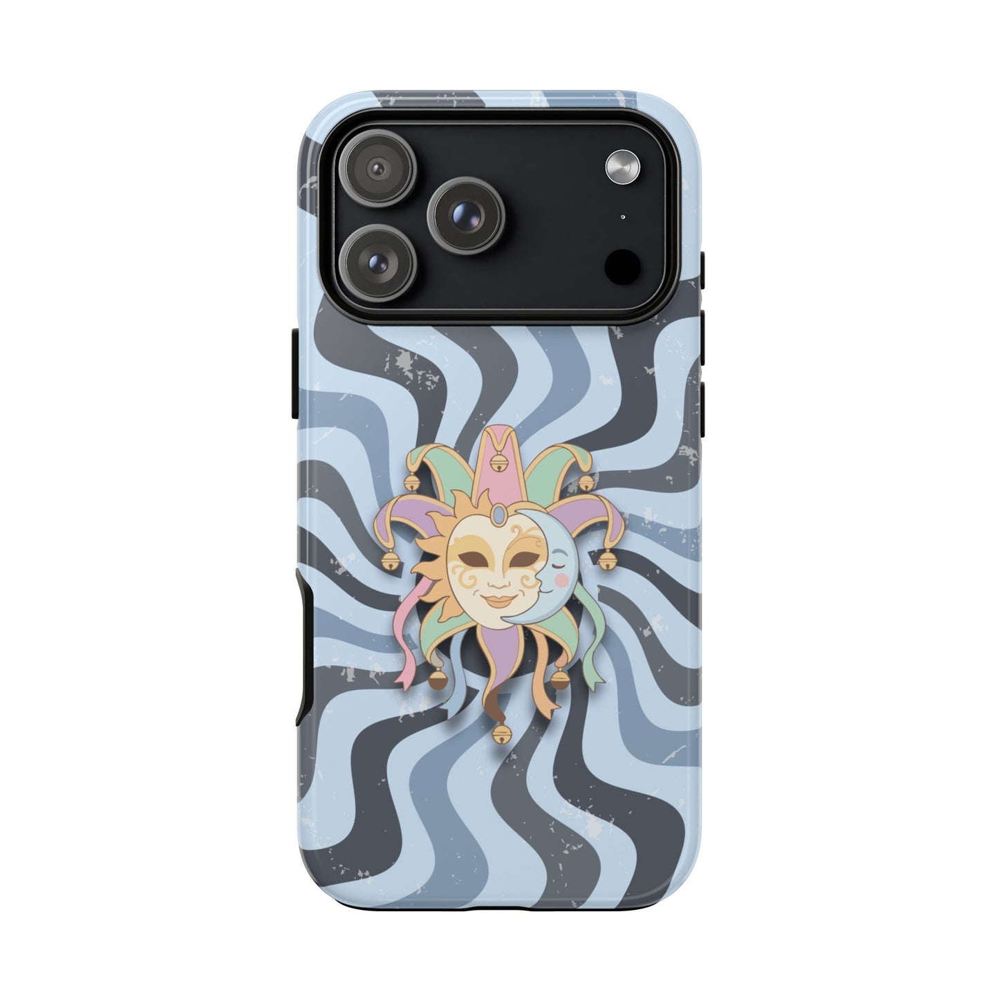 iPhone 17 Pro Max / Glossy Phone Case - Sun & Moon Jester Mask – Blue Retro Wave Phone Case