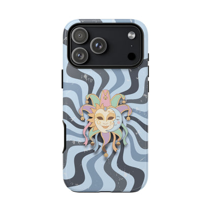 iPhone 17 Pro Max / Glossy Phone Case - Sun & Moon Jester Mask – Blue Retro Wave Phone Case