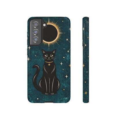 Whimsical Teal Celestial Black Cat Phone Case