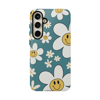 Fun Retro Daisy Pattern with Light Blue Background Phone Case - Blue Phone Case - Samsung Galaxy S24 Plus / Glossy