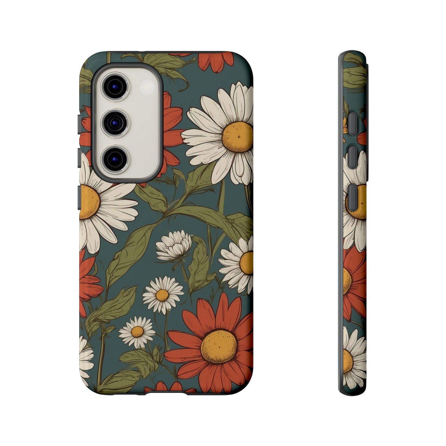 Samsung Galaxy S23 / Glossy Phone Case - Boho Chic Daisies Floral Pattern ’White & Red’ Phone Case