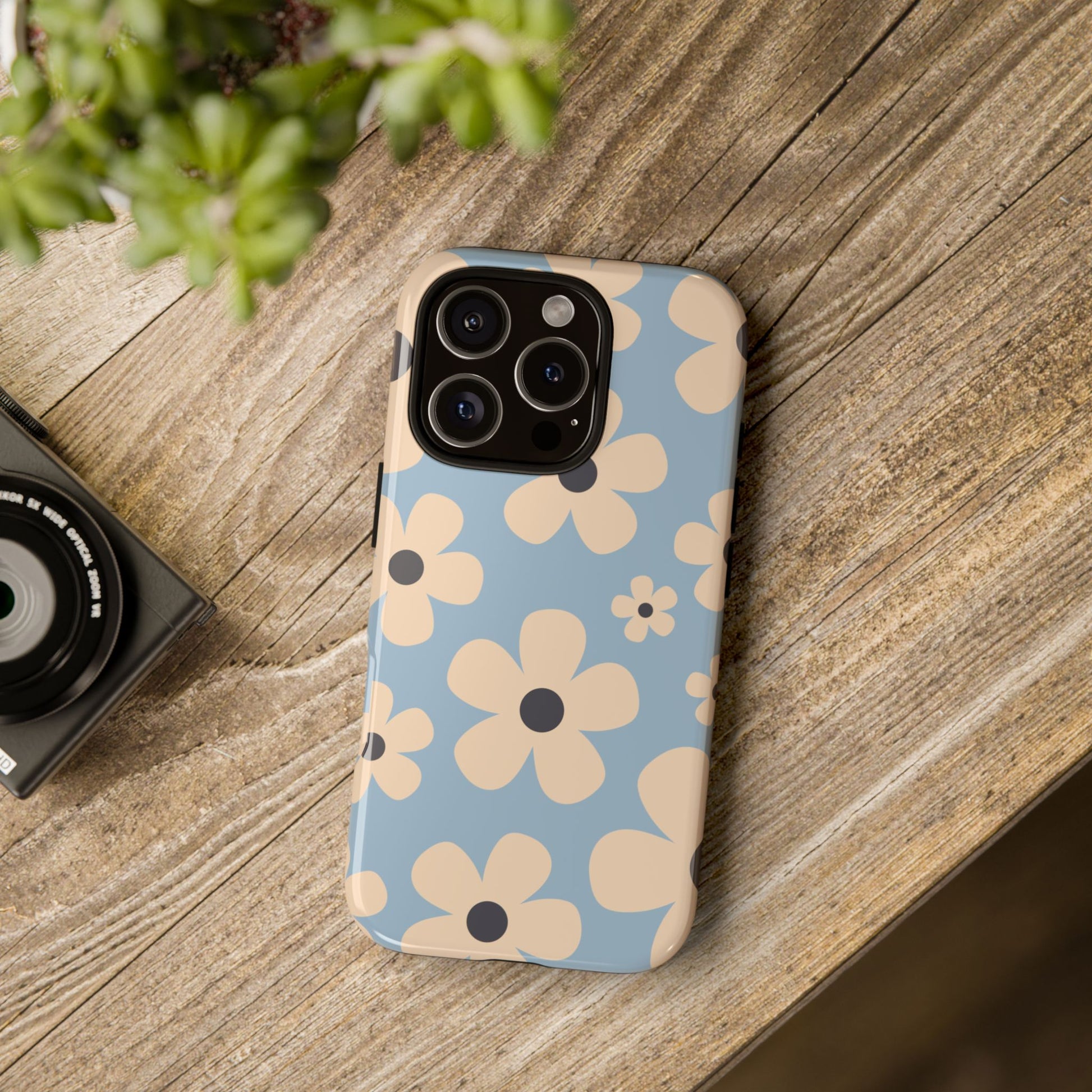 Phone Case - Cute Light Blue & Cream Daisy Pattern Phone Case