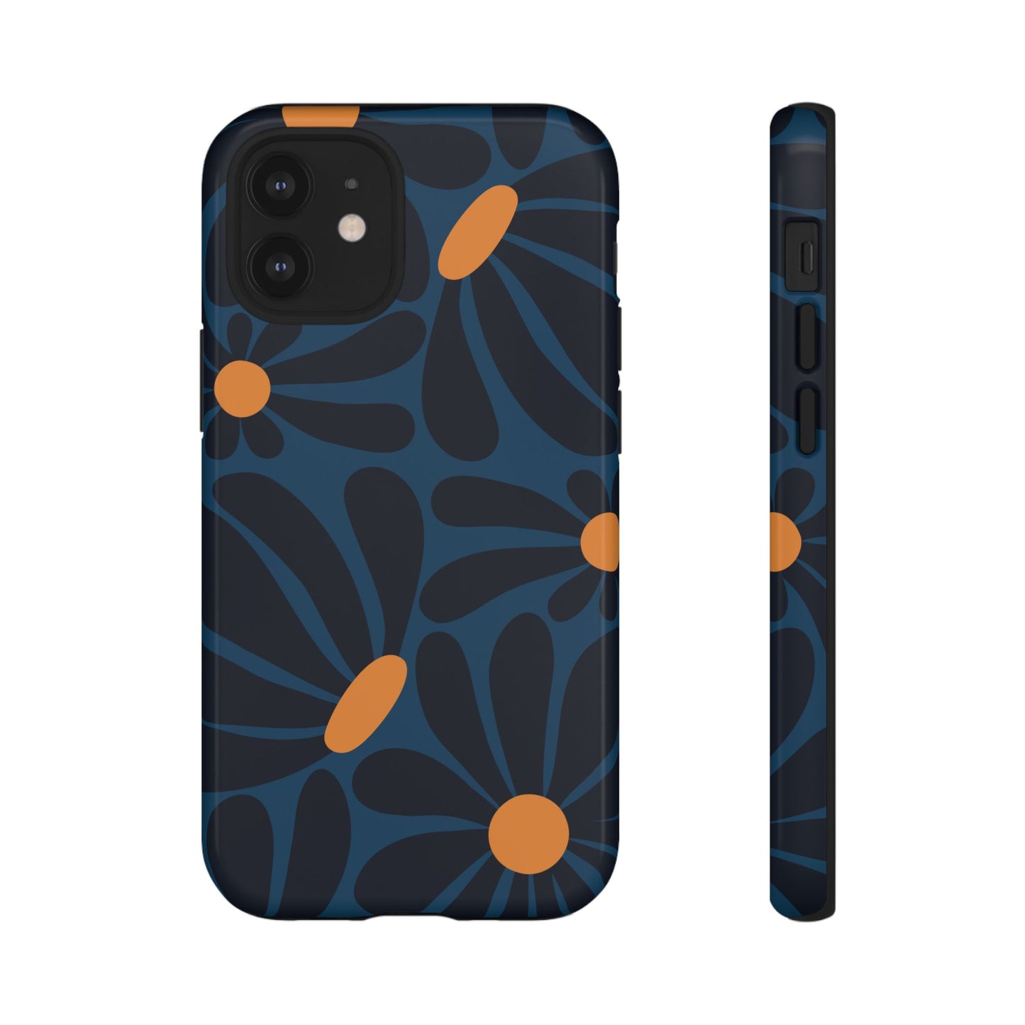 iPhone 12 Mini / Glossy Phone Case - ’Dark Blue & Orange Daisy Pattern’ Phone Case