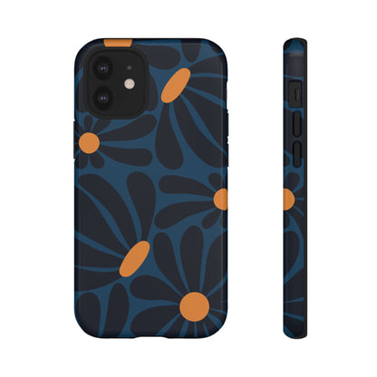 iPhone 12 Mini / Glossy Phone Case - ’Dark Blue & Orange Daisy Pattern’ Phone Case