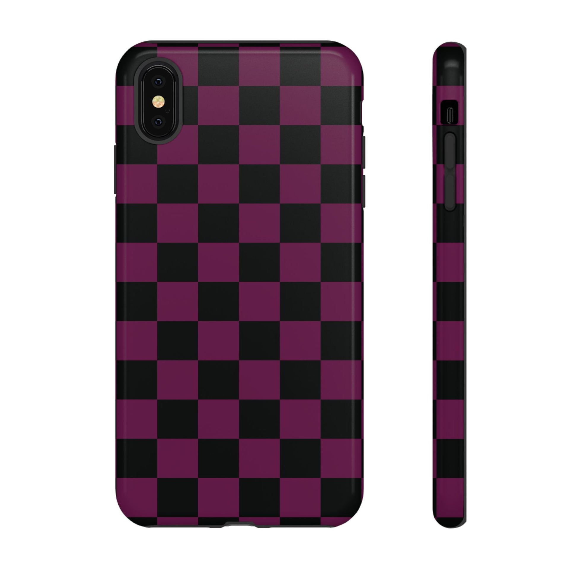 iPhone XS MAX / Glossy Phone Case - Trendy Plum & Black Checked Pattern Phone Case