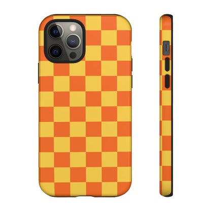 iPhone 12 Pro / Glossy Phone Case - Trendy Orange & Yellow Checked Pattern Phone Case
