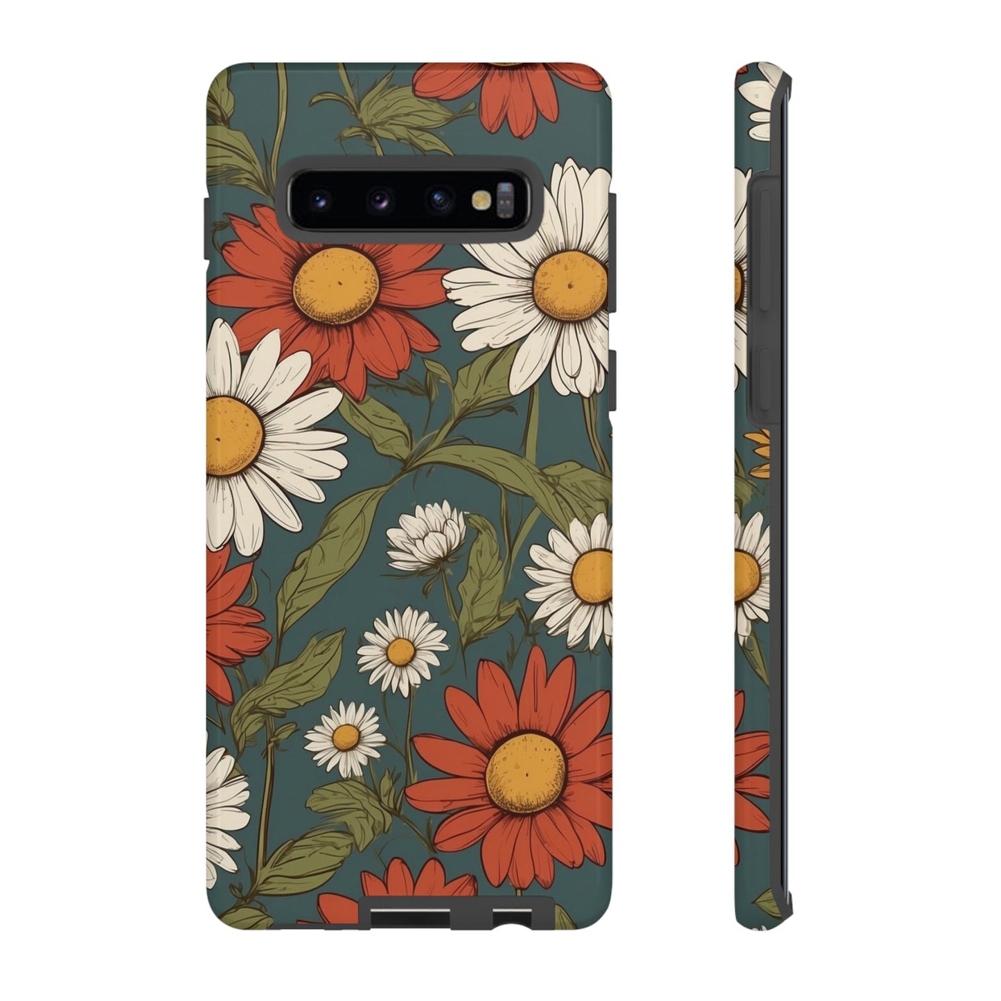 Samsung Galaxy S10 Plus / Glossy Phone Case - Boho Chic Daisies Floral Pattern ’White & Red’ Phone Case